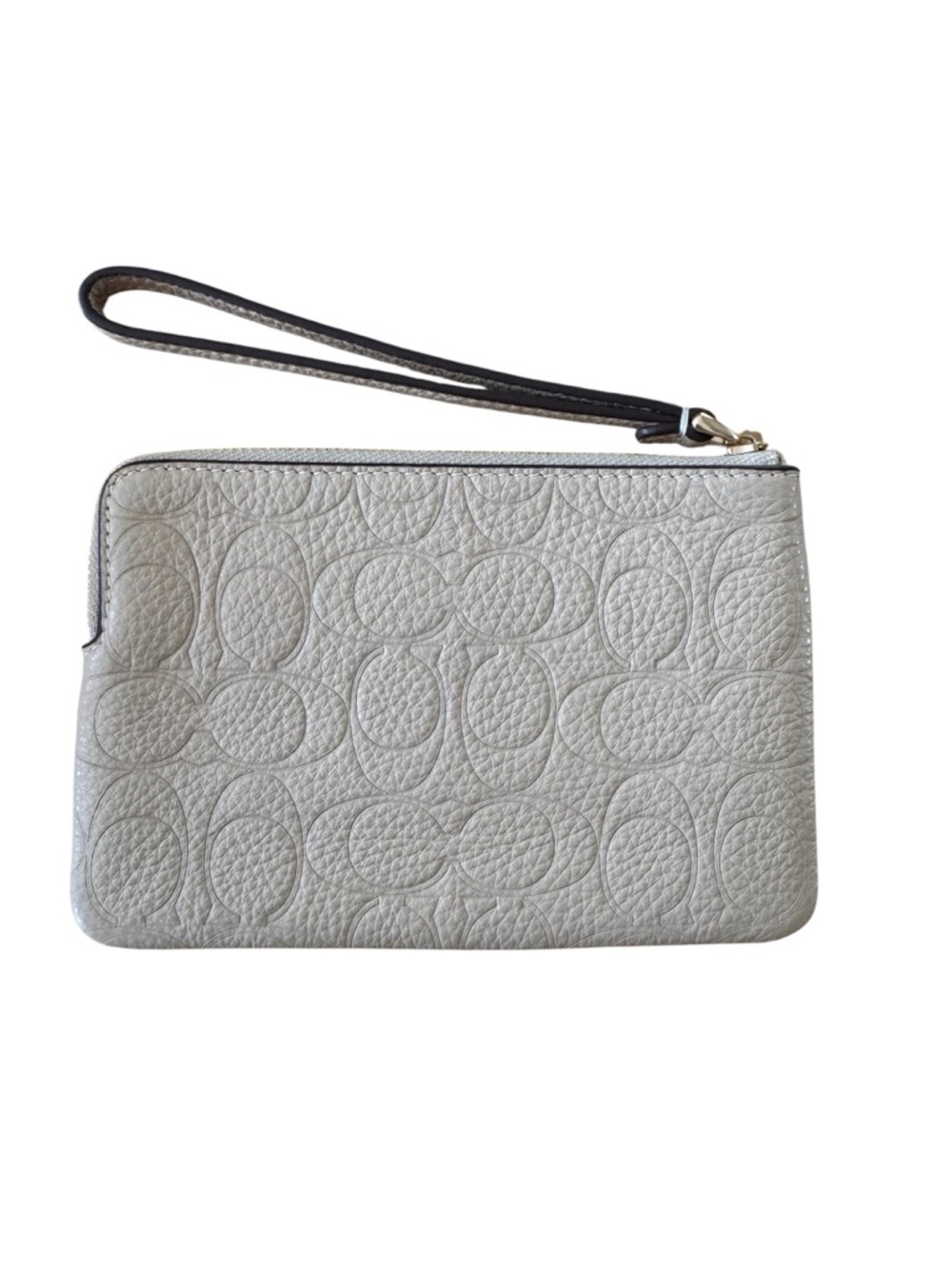 Coach Embossed Pebbled Leather Wristlet in Light Tan with Gold Logo - Picture 2 of 3